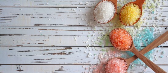 Sticker - A white wooden surface with sea salt on two spoons and colorful soap is pictured from above, providing room for text or other elements in the image.