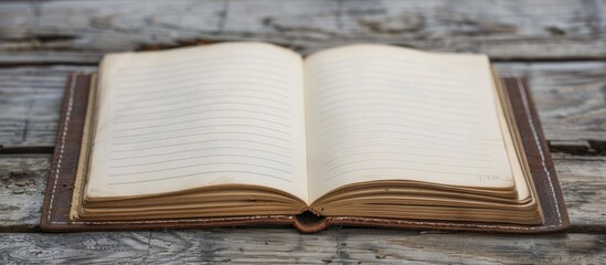 Aufkleber - Notebook opened on a wooden table with copy space image.