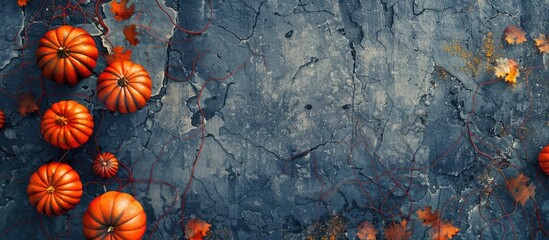 Poster - A Halloween-themed background with pumpkins on a stone surface seen from above, featuring a blank area for text in the image.