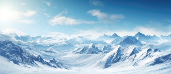 Poster - Breathtaking scenery of snow-covered mountains in bright sunlight with copy space image.