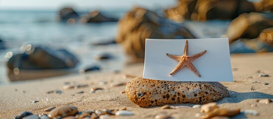 Aufkleber - A blank sheet of paper rests on sandy beach, next to a stone featuring a small seastar, creating a serene scene with copy space image.