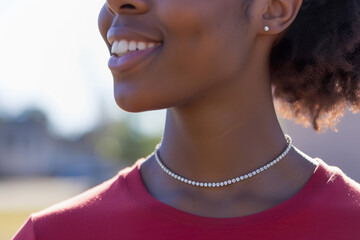 Elegant Diamond Tennis Necklace on Woman in Red Shirt