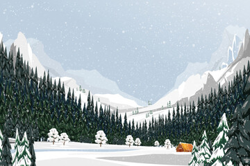 Wall Mural - Christmas Background,Winter forest landscape covered on frost trees and snowy, cloud blue sky.Vector cartoon horizon coniferous forest with snow falling,Banner or Greeting card for New Year 2025