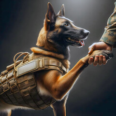 Military dog shaking his paw with his handler, love, teamwork, together, war, anti-terrorism