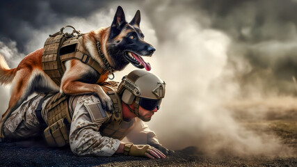 Wall Mural - Military dog in action with his handler, war, anti-terrorism