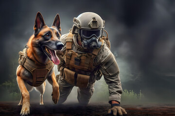 Wall Mural - Military dog in action with his handler, war, anti-terrorism