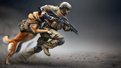 Wall Mural - Military dog in action with his handler, war, anti-terrorism