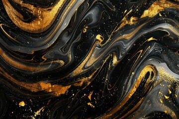 Wall Mural - Artistic image featuring fluid golden patterns with glitter on a swirling black backdrop