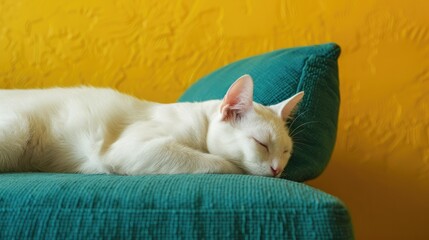 Wall Mural - Profile of white cat resting on green couch with yellow wall background Pink ears and nose displayed