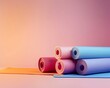 © Sirirat - Colorful yoga mats and pilates equipment on a soft gradient background, Yoga and Pilates background, Relaxing and invigorating fitness theme,