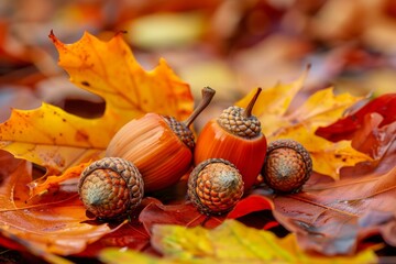 Wall Mural - Vibrant autumn acorns and maple leaves arrangement on a bed of fallen foliage