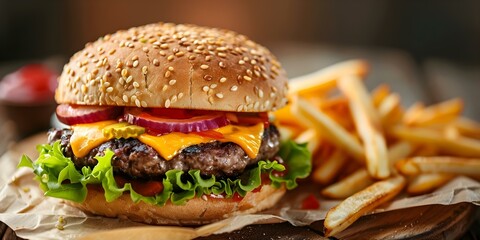 Wall Mural - Closeup of a burger with meat cheese and veggies served with fries. Concept Food Photography, Close-up Shots, Burger Art, Delicious Meal, Crispy Fries