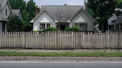 A weathered wooden fence with barbed wire on top, separating two vastly different neighborhoods: one with manicured lawns and the other with overflowing dumpsters