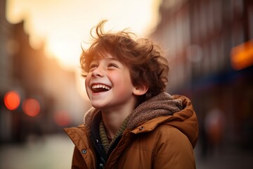 Wall Mural - Portrait of a happy boy in the city at sunset. Shallow depth of field.