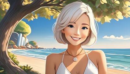 Poster - blonde woman with short hair and white bikini posing by a tree on the beach, cartoon style, 