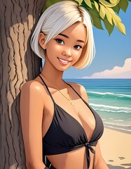 Poster - blonde woman with short hair and black bikini posing by a tree on the beach, cartoon style