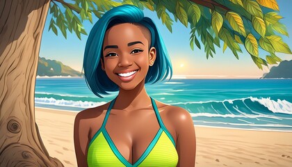 Wall Mural - woman with short green hair and green and yellow bikini posing by a tree on the beach, cartoon style