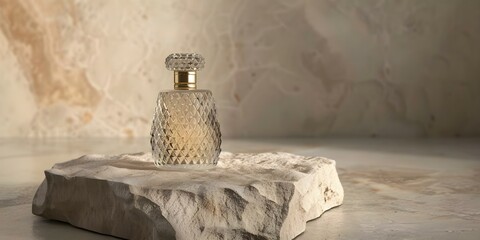 Wall Mural - Perfume bottle on beige stone background with packaging design mockup. Concept Perfume Photography, Product Mockup, Beige Stone Background, Packaging Design, Stylish Brand Display