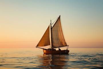 Wall Mural - Tranquil and serene sunset sailing on a traditional sailboat in calm and radiant waters. Surrounded by the tranquility of the ocean