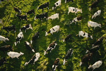 Close-up aerial view of a large herd of Ayrshire dairy cows grazing in beautiful green pasture.