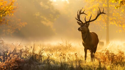 Wall Mural -  A deer stands in a field, trees line the background, fog softly obscures the air behind