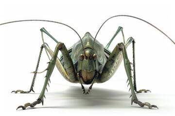 Wall Mural - A close-up shot of a grasshopper sitting on a white surface, offering a clear view of its details