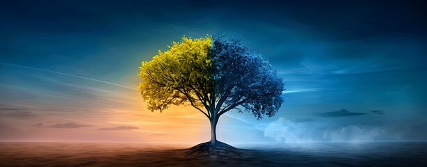 Wall Mural - A split tree with one side flourishing and the other side wilting, representing environmental conflict and disparity, captured with rich details and vibrant colors. copy space for text, focus cover