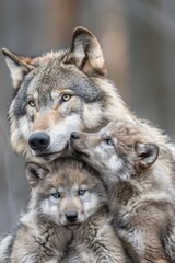   A cluster of wolves huddle in the snow, surrounded by a indistinct backdrop of trees and branches