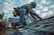 © SH Design - A professional roofer in safety gear, working on the roof of an apartment building under clear blue skies.