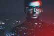 © blackday - Double Exposure of Man and Cityscape at Night with Glitch Effects