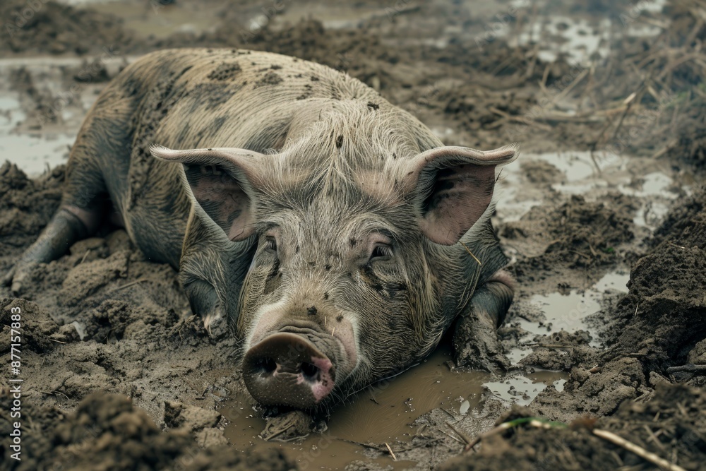 Free range pig wallowing in mud on an organic farm Stock Photo | Adobe ...
