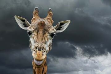 Wall Mural - Funny portrait of adult Rothschild Giraffe (Giraffa camelopardalis rothschildi) sticking out its tongue with stormy sky in background