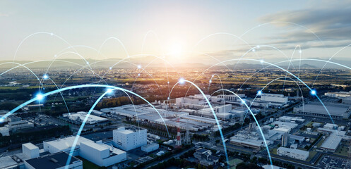 Poster - Modern factory and communication network concept. Industrial Internet of Things. IIoT. Wide angle visual for banners or advertisements.