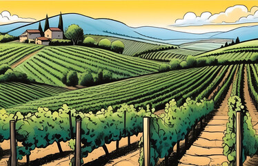 Local vineyard with rows of grapevines, scenic hills