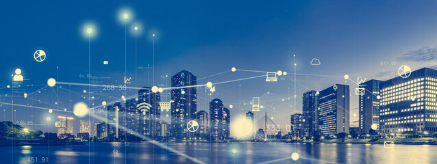 Poster - Modern city and communication network concept. Smart city. Wide angle visual for banners or advertisements.