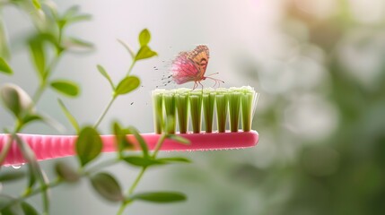 Wall Mural - Vibrant Pink Butterfly Resting on Green Leaf in Lush Natural Environment