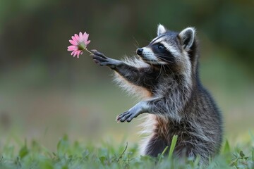 Wall Mural - Northern Raccoon reaching for a flower taken in central MN under controlled conditions.