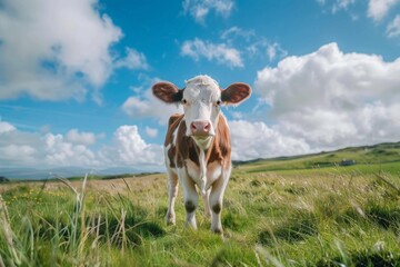 Wall Mural - Portrait of cow standing on field against sky,Isle Of Skye,United Kingdom