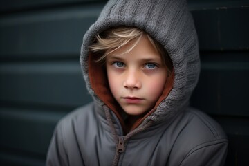 Wall Mural - Portrait of a boy in a gray jacket and a hood.