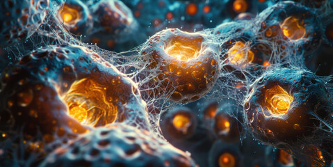 Canvas Print - A microscopic view of glowing cells.