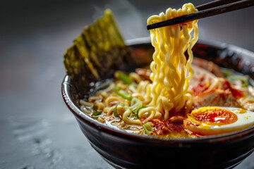 Ramen with noodles with egg, seaweed and pork in a black bowl