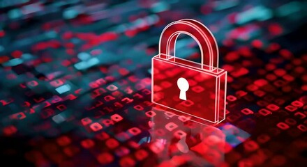 A red digital padlock icon on a binary code background showing data security concept