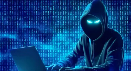 A hooded figure with glowing eyes using laptop surrounded by blue binary code showing cyber security concept