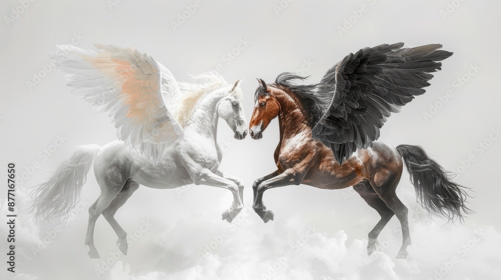 Two winged horses on white background, one white and one brown, rear on ...