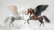© Shaji - Two winged horses on white background, one white and one brown, rear on their hind legs label design  ' ai generated '