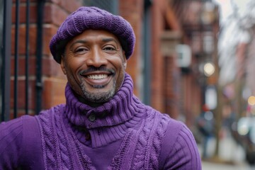 Wall Mural - Smiling Man in Purple Sweater and Hat