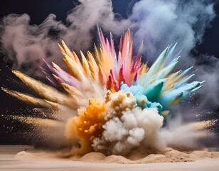 Wall Mural - A vibrant explosion of colored powder against a dark background 