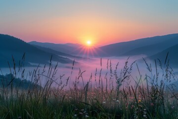 Wall Mural - Sunrise Over Misty Mountain Valley