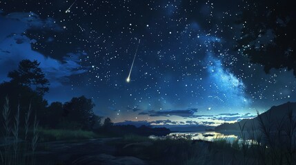 Wall Mural - Majestic Meteor Shower: Serene Night Sky View with Shooting Stars