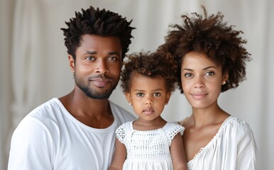 Happy young family of three posing in white attire for indoor portrait